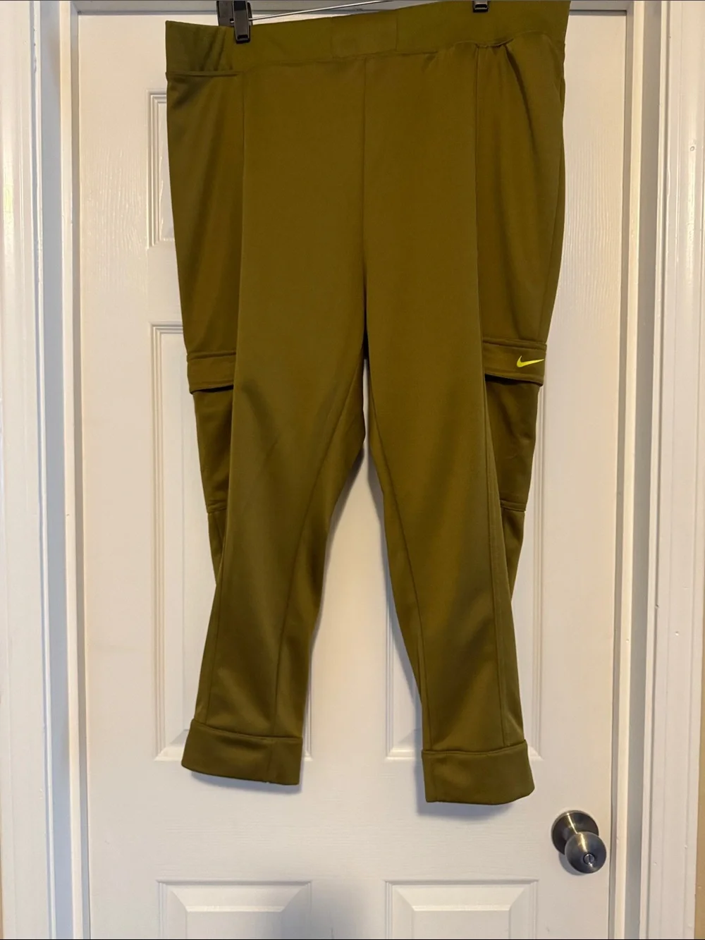 Nike Olive Green Track Ankle Length Joggers with Neon Yellow Swoosh